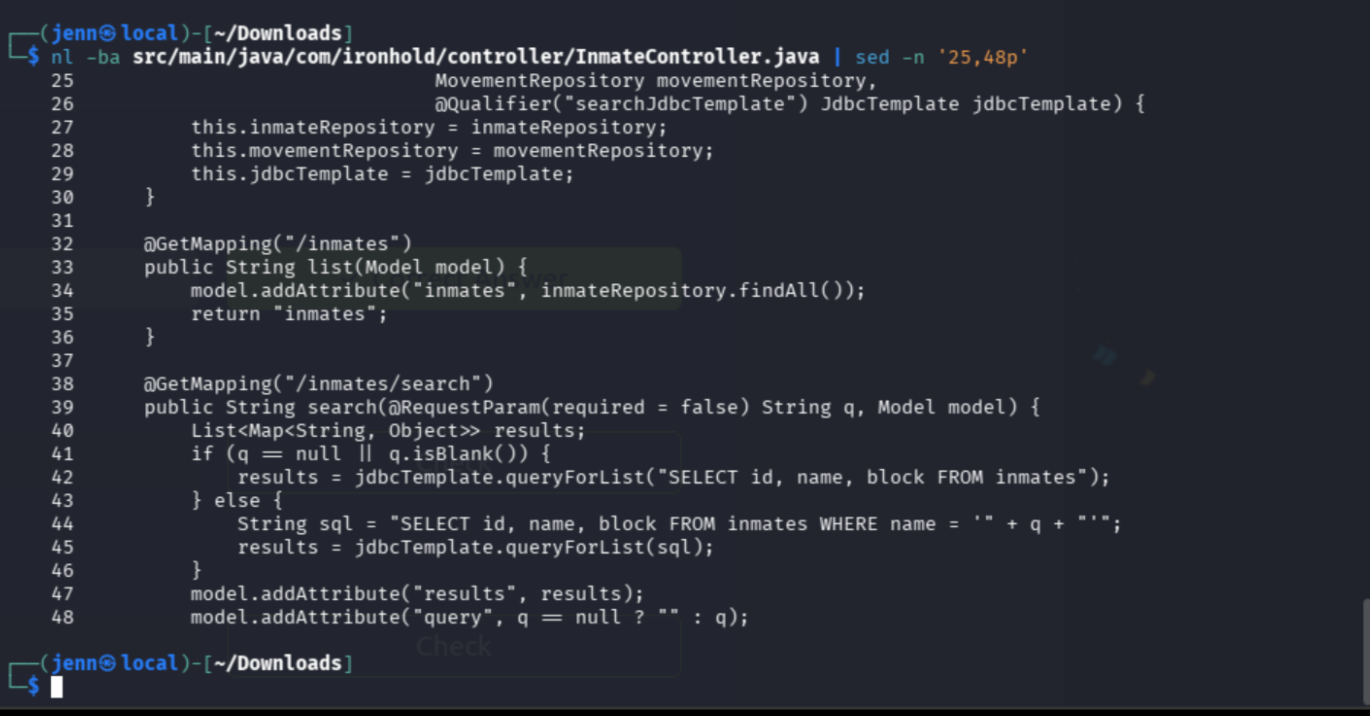Line-numbered InmateController.java showing injectable SQL concatenation